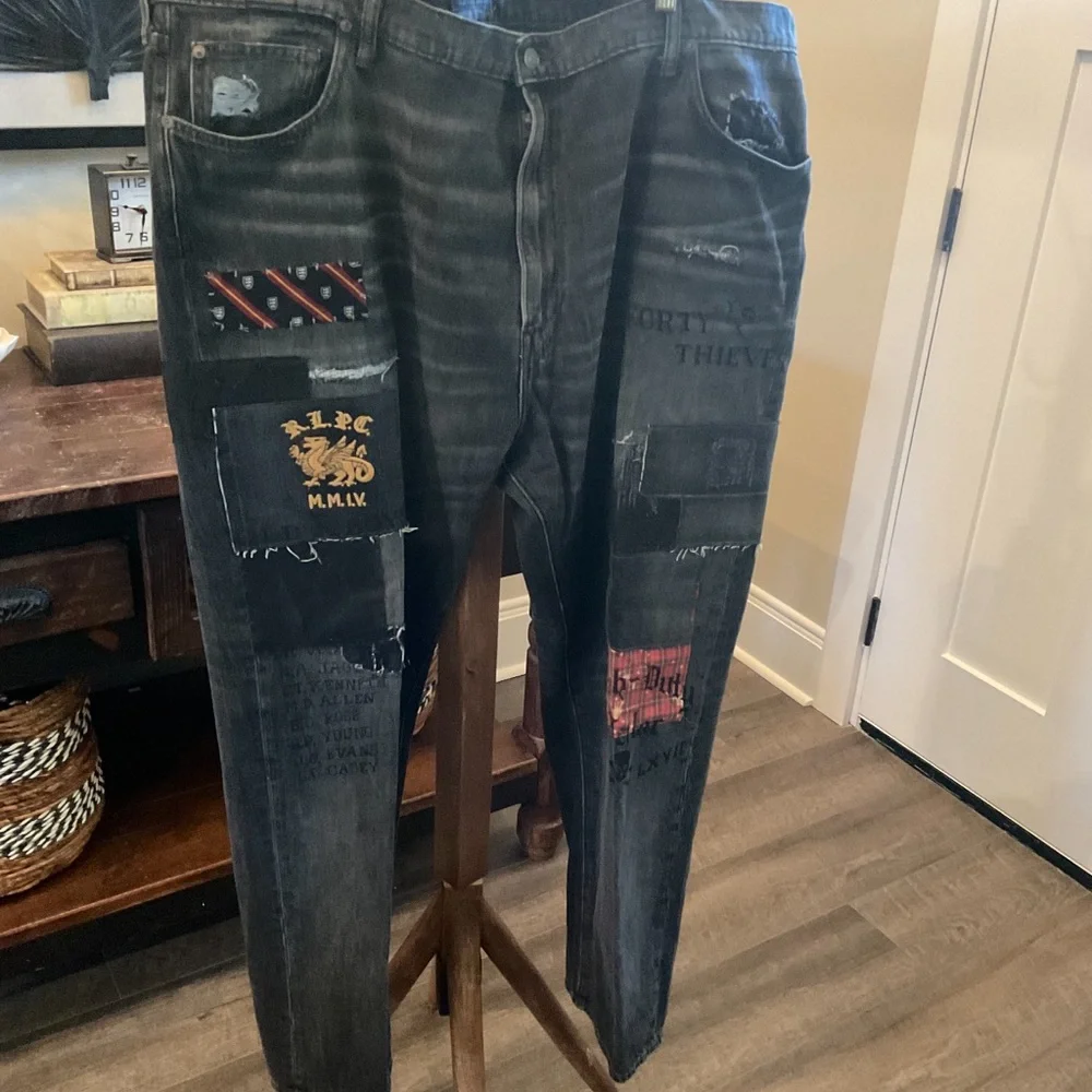 Polo by Ralph Lauren Distressed Patchwork Black Straight Jeans - Picture 1 of 6